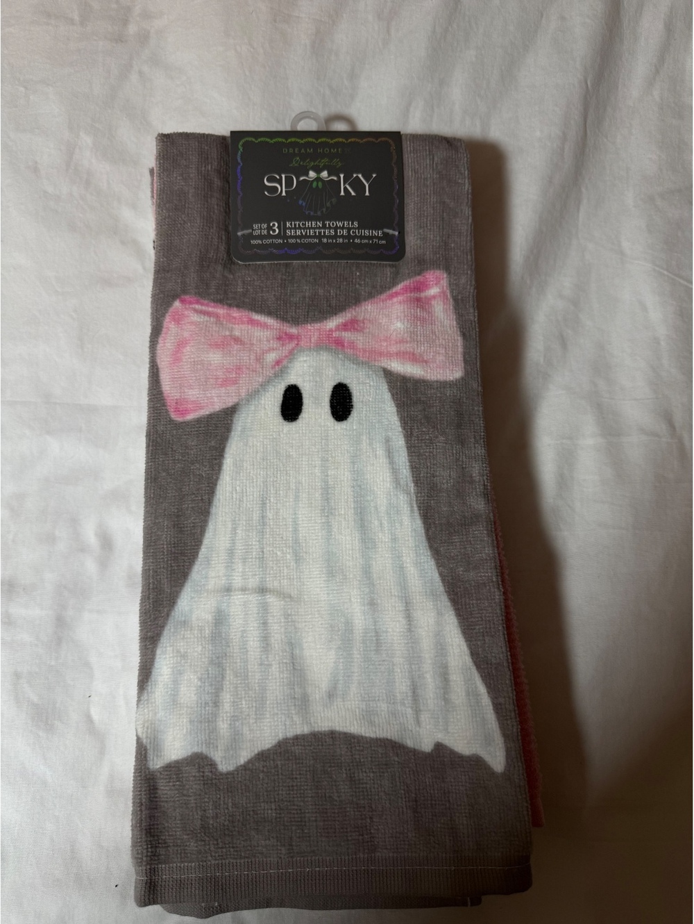Spooky Halloween Kitchen Towels Set of 3 with Ghost and Pink Bow Design